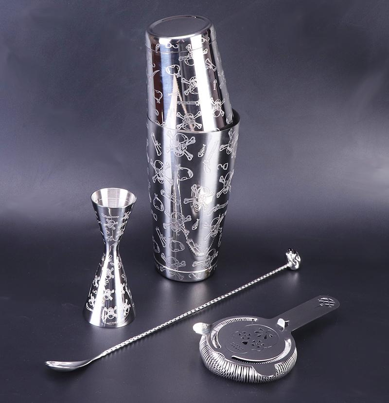 Skull Cocktail Shaker Bar Set:Skull Weighted Boston Shakers, Skull Cocktail Strainer,Skull Jigger,Skull Spoon,