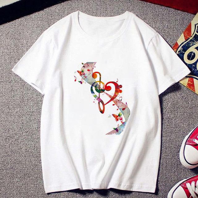 Fashion Creative Musical Note Printed T Shirt Female Harajuku Tshirt Ulzzang Clothes Vintage New White T -Shirt Women Tees Tops