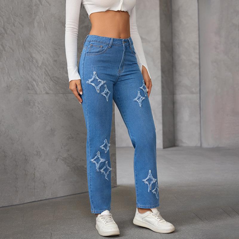 

Women s High Waist Patchwork Embroidery Star Jeans - Casual Autumn Straight-Leg Pants XS синій