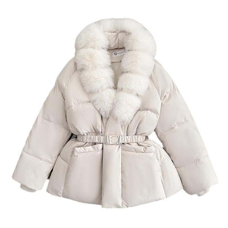 Womens Warm Puffer Coat With Faux Fur Collar Belted Waist Mid-Length Winter Jacket
