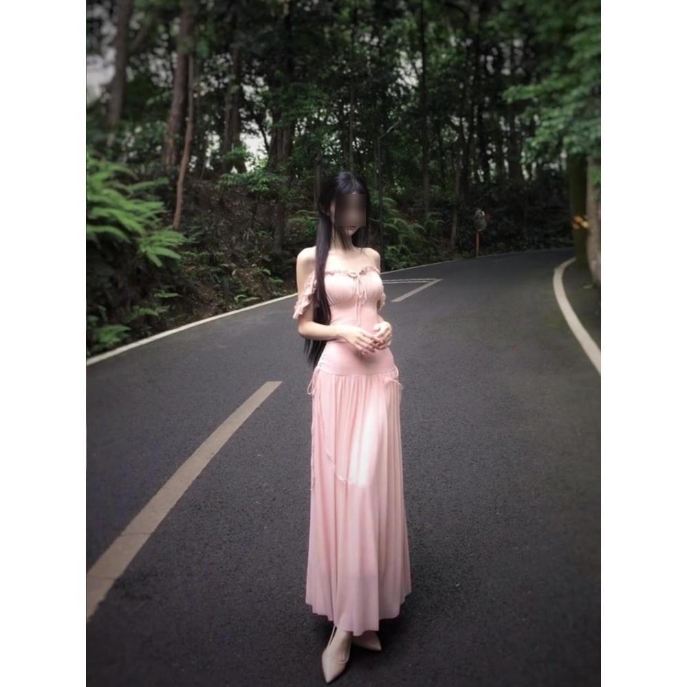 

Нежное милое платье-сарафан с плиссировкой на одно плечо для женщин, летнее, с завышенной талией, для отпуска, А-силуэта, длинное XL- (recommended 110-60kg)