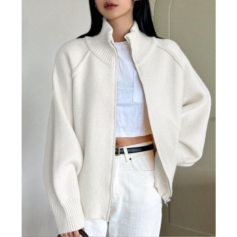 Sweater Coat Women's Autumn Winter New Korean Style Solid Color Stand Collar Zipper Knitted Cardigan Top