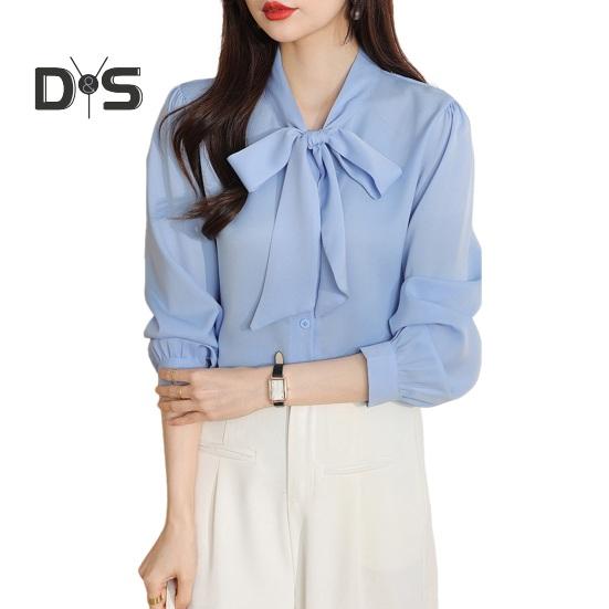 Women Shirt Lace-up Bowknot Collar Long Sleeve Casual Shirt Solid Color Loose Fit Chiffon Shirt Tops Daily Wear