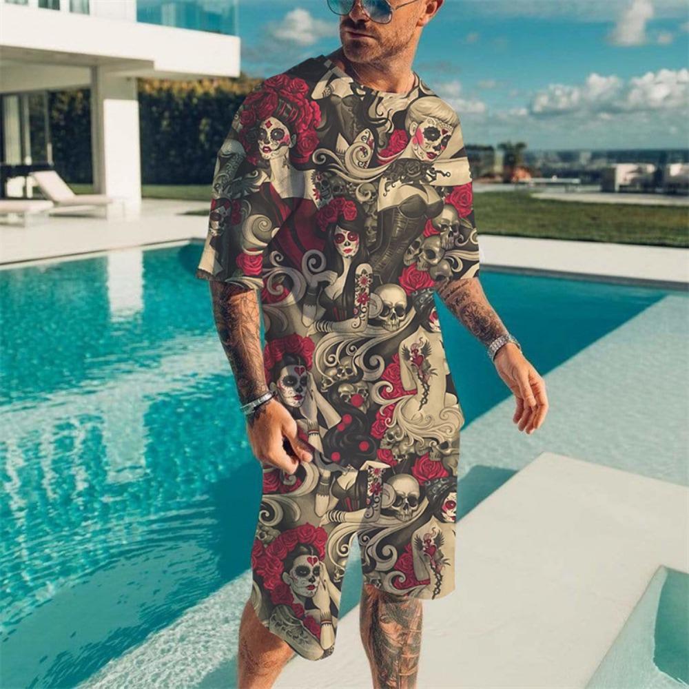 Vintage Wave Print T-shirt Set Summer Men's Beach Breathable Short Sleeve 2 Piece Set Men's Fashion Tops Set Men's Clothing