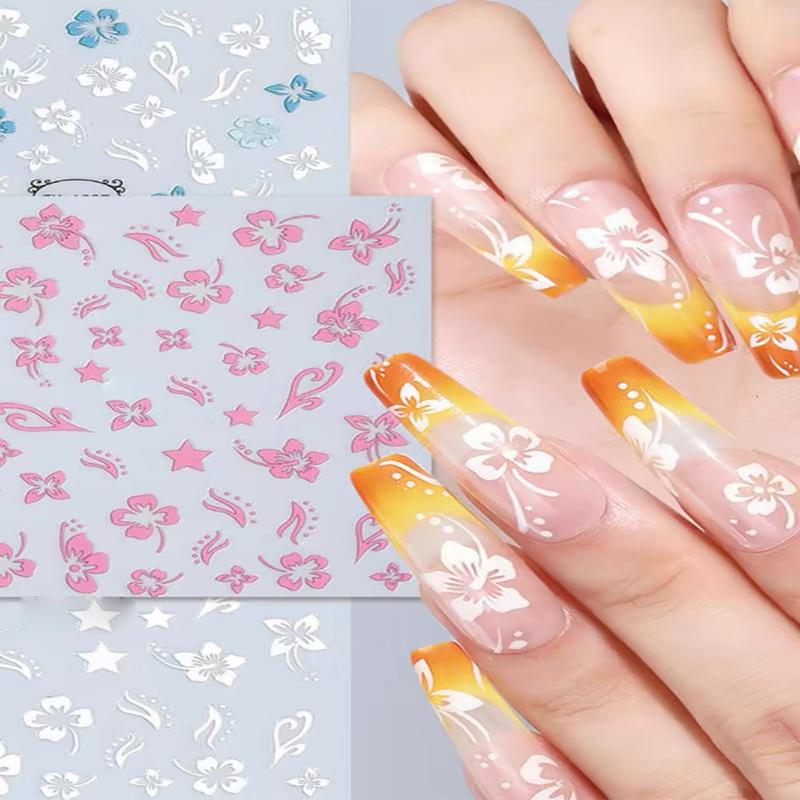5D Hibiscus Flower Nail Embossed Sticker Lace Flower White Pink Petal Floral Self Adhesive Nail Art Slider DIY Elegant Romantic