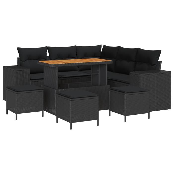 Ensemble de Canapé de Jardin 9 Pièces avec Coussins Rattan Noir Poly Acacia, Ensemble de Salle à Manger de Jardin 4 Pièces 3362009