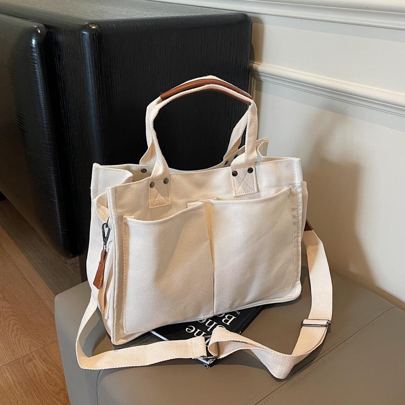 

Корейская простая и модная многокарманная сумка, модная сумка через плечо большой вместимости, практичная однотонная портативная женская холщовая сумка бежевый