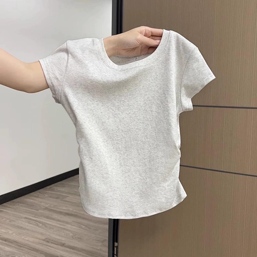 Navy Blue Shoulder Short Sleeved T-shirt for Women's Summer New Design, Pleated Waist Cinched Round Neck Slim Fit and Slimming Short Top