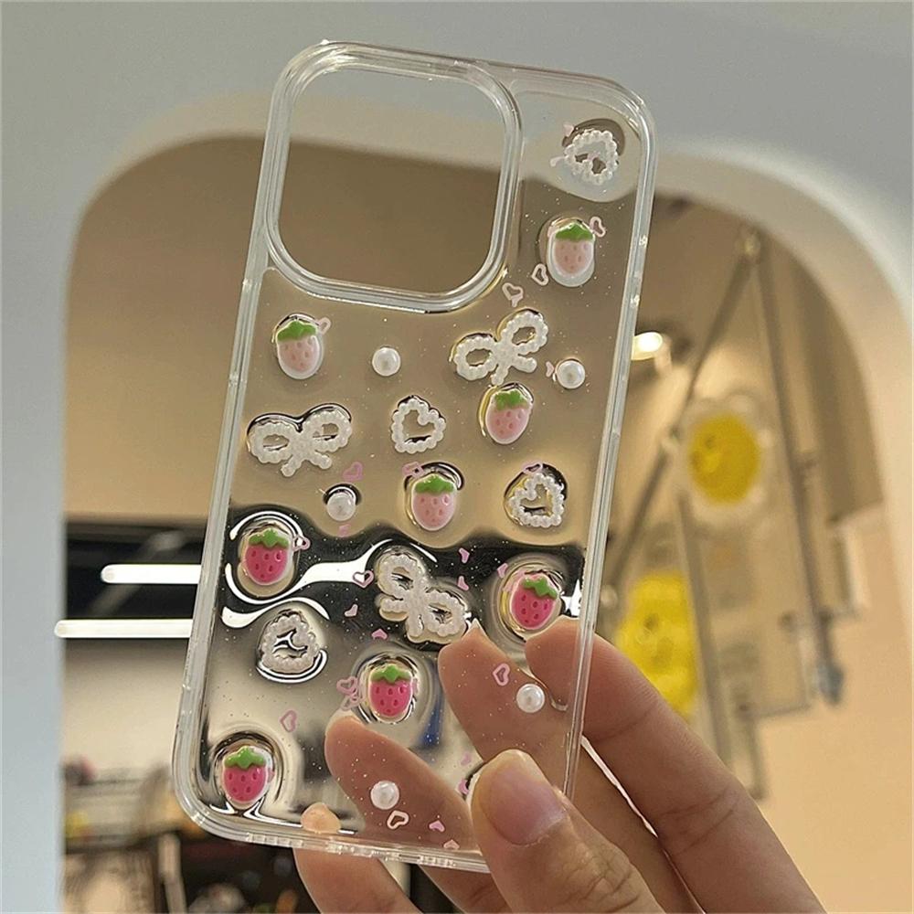 Cute 3D Strawberry Glitter Case For Iphone 17 Air 16 14 13 11 Pro Max 15 Plus 12 Mini X XR XS Bowknot Pearl Epoxy Clear Cover