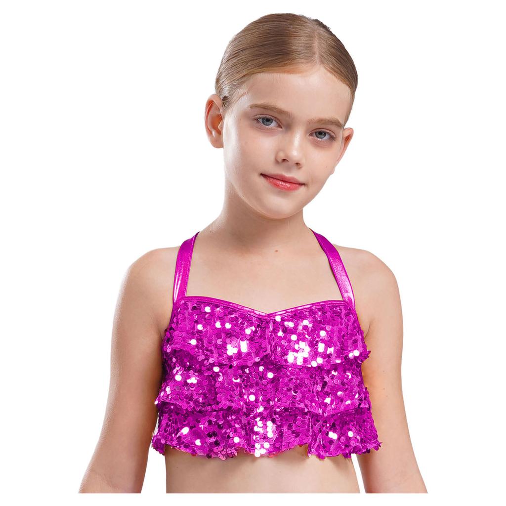 Mädchen Jazz Tanzkostüm Glitzernde Pailletten Gestufte Rüschen Crop Top Überkreuzter Rücken Metallic Camisole Performance Top