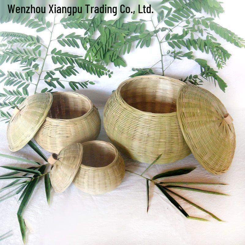 Bamboo Woven Pumpkin Basket with Lid for Tea, Snacks, and Egg Storage