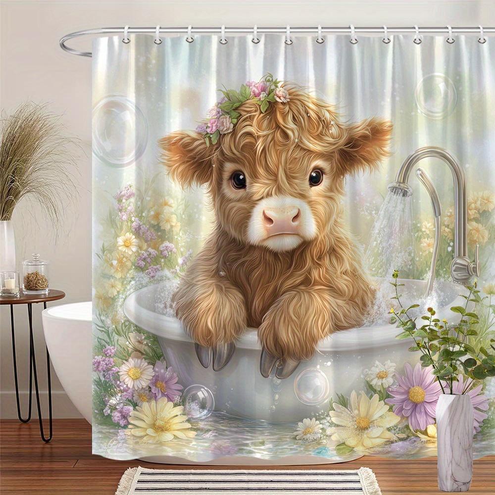 

Cute Baby Cow In Bathtub Shower Curtain Waterproof Easy To Clean Privacy Protection Print Floral Farm Animal Design Quick Setup W60H190(CM)-1 Pcs