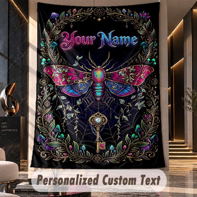 Mystical Moth Key Artwork Theme Wall Tapestry Customized With Name Text Personalized Hanging Tapestry For Bedroom Living Room Decor