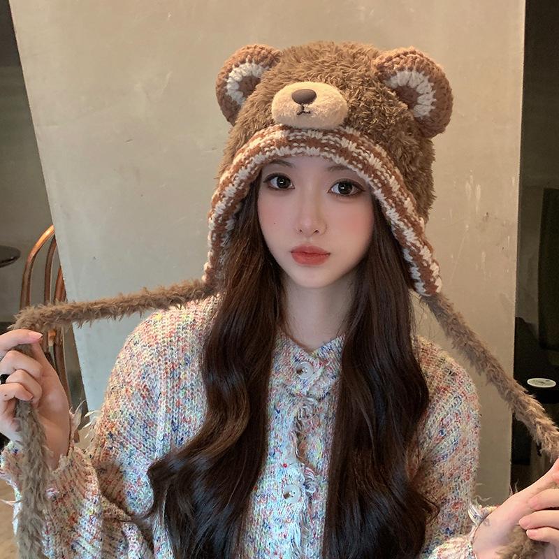 Cartoon Cute Bear Knitted Woolen Hat Thickened and Warm for Autumn and Winter  Lei Feng Hat Japanese Style Plush Pullover Cold Hat