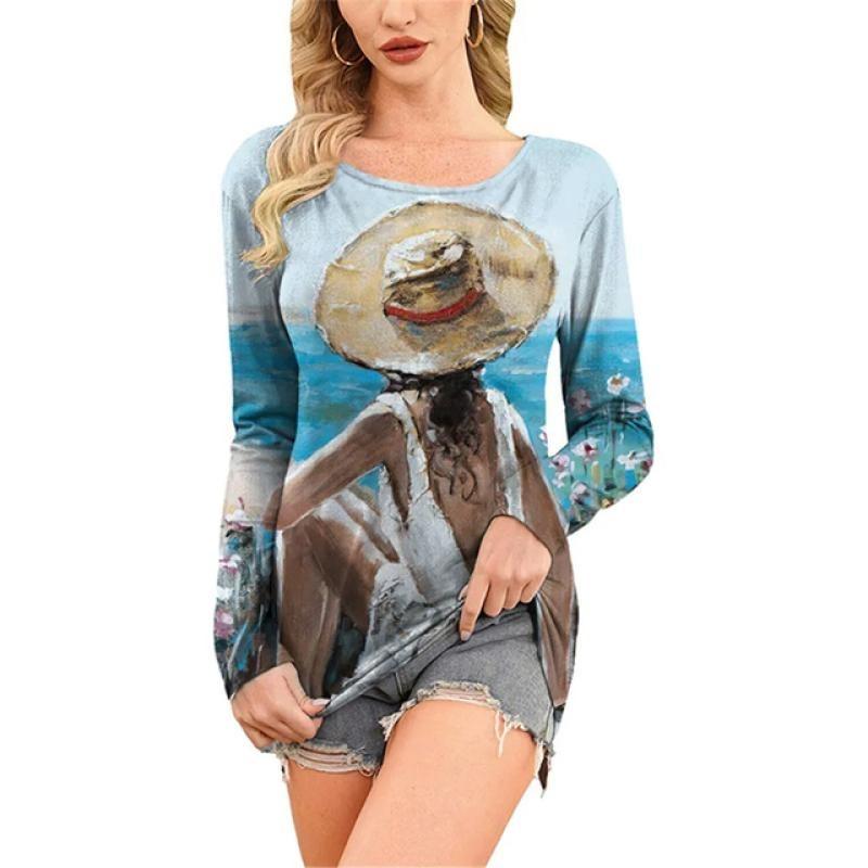 

European and American Fashion Oil Painting Style Printed Casual Long Sleeved T-shirt O Neck Oversized Tees Tops Women s Clothing 6XL
