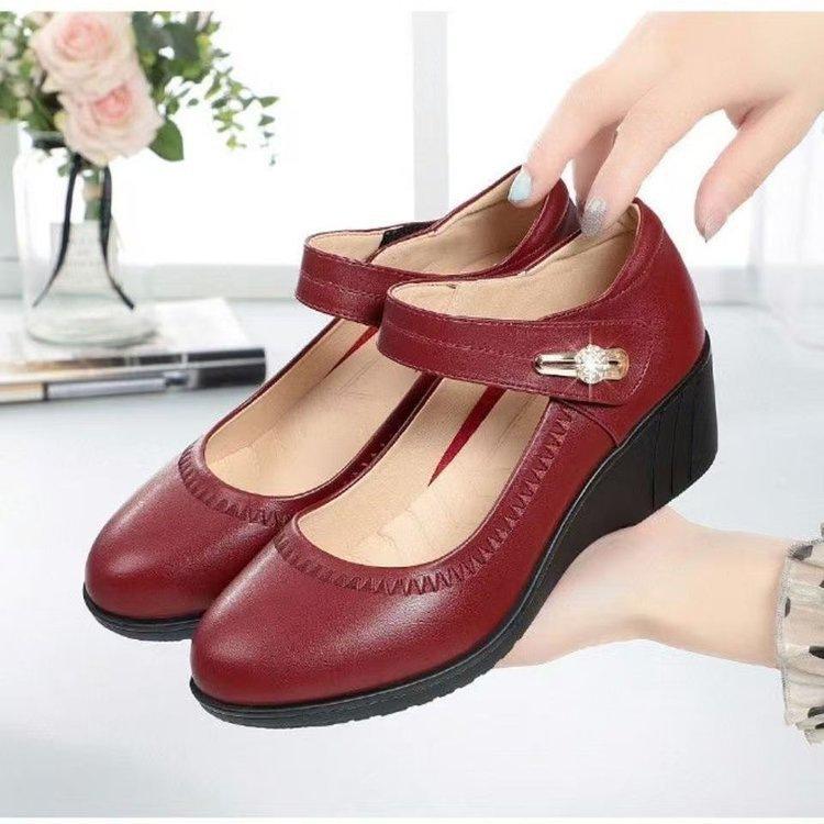 Wedge heel medium single shoes spring new soft leather soft sole one word with middle heel round head non-slip leather shoes