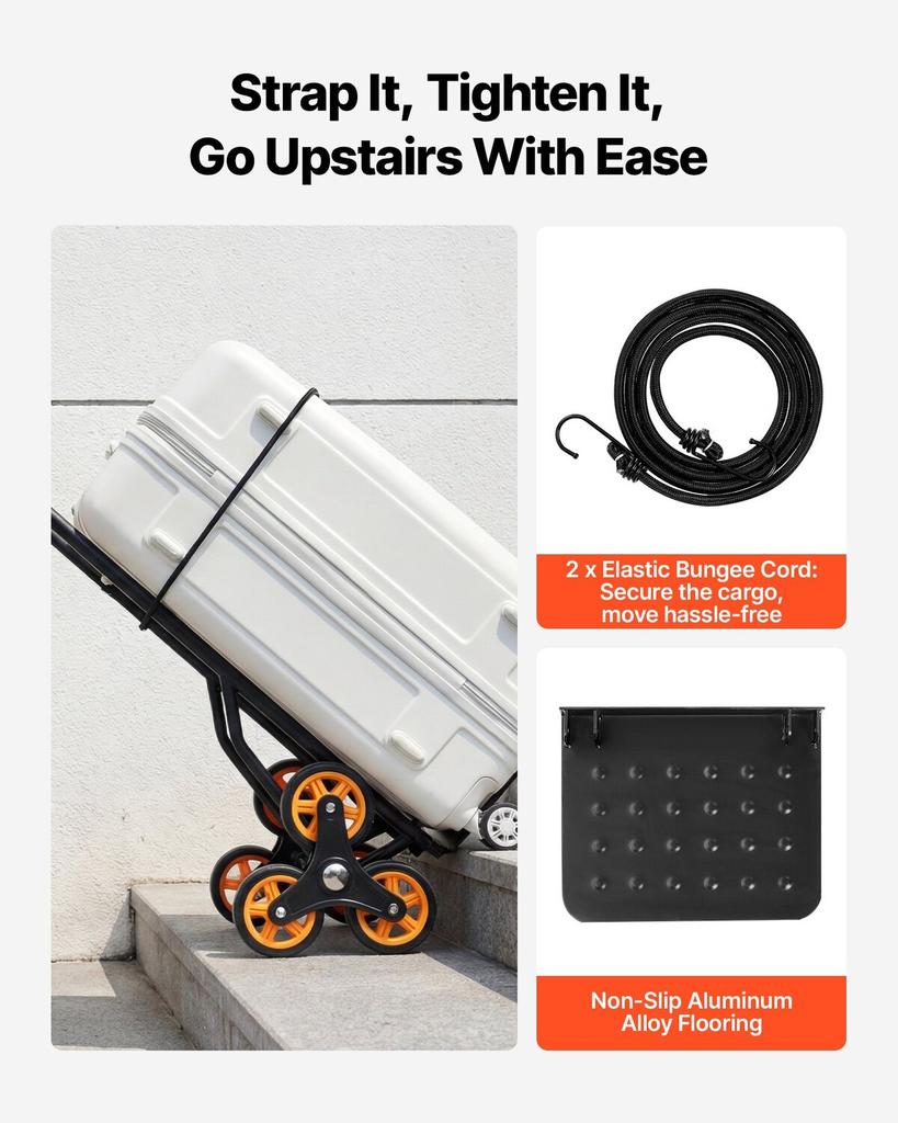 Stair Climbing Cart, 150 kg Stair-Climbing Capacity, Heavy-Duty Folding Trolley Cart with Telescoping Handle, 6 Wheels and 2 Bungee Cords, Stair