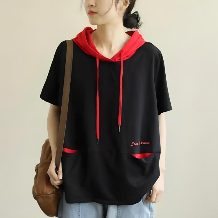 

Solid Pullover Women Short Sleeve Loose Fit Hoodie Pocket Cotton Top Red Black Sweatshirt L чёрный