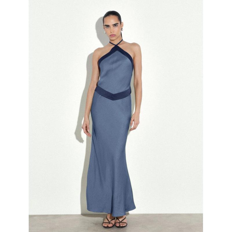 Summer sexy beach seaside vacation wind contrasting color halter fishtail hem suspender dress women XS