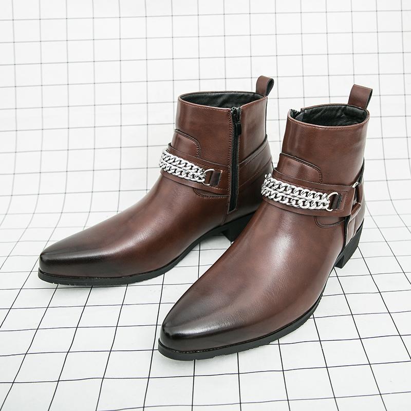 Fashion Leisure Walk Mens Chelsea Boots Handmade High Top Men Shoes Male Leather Ankle Boots Business Dress Shoes New Metal Buckle Botas
