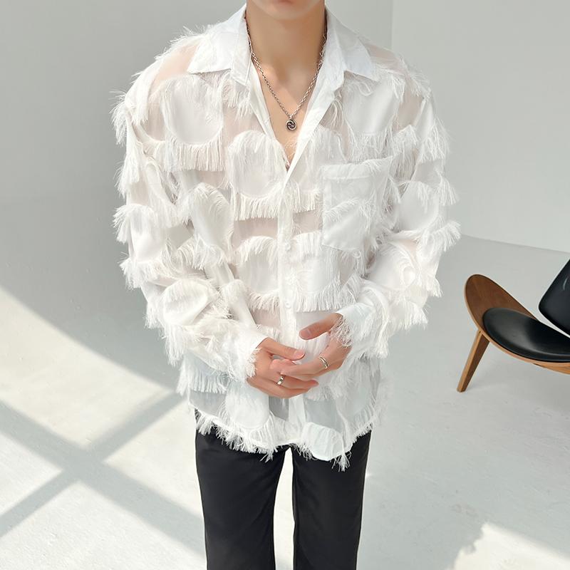 

2025 Мужские рубашки в корейском стиле, модные мужские сексуальные ажурные рубашки, мужские повседневные тонкие блузки с длинными рукавами, уличная одежда, модные вечерние рубашки M белый