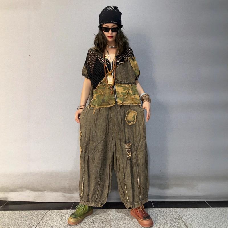 Womens Denim Mesh Hooded Cardigan Wide Leg Pants Set Casual Two Piece Outfit