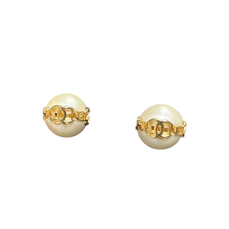 CHANEL 23K Pearl Bean Letter Double C Metal Stud Earrings Women's Gold