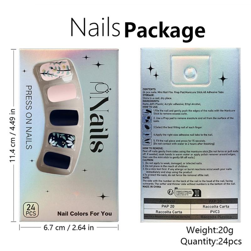 24 Pcs Autumn Winter Press On Nails Square Artificial Nails Glittering Full Cover Stick on Nails Petals False Nails