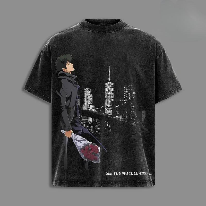 Футболка с принтом шипов Cowboy Bebop Аниме Одежда Мужская Хлопковая Футболка с коротким рукавом Винтажная Стиранная Футболка Харадзюку Оверсайз Футболка XXL чёрный
