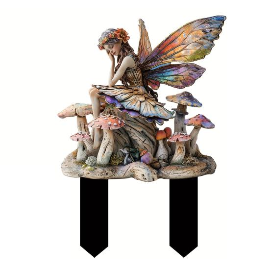 Mushroom Fairy Garden Stake 2D Acrylic Fairy Sitting on Mushroom Yard Art Stake