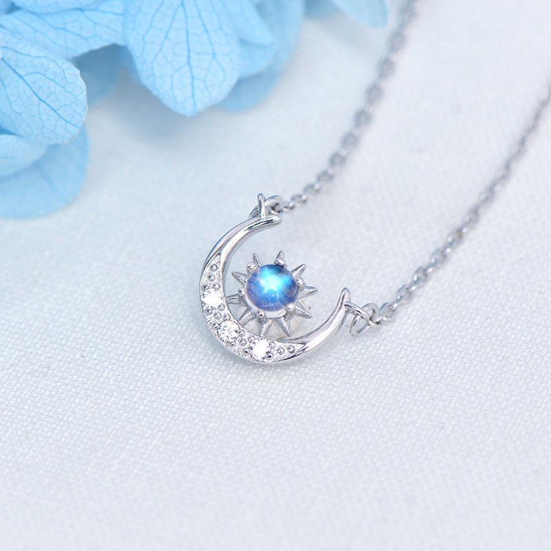 Collana con Ciondolo in Argento Sterling 925 Placcato Oro Pietra di Luna per Donne: Sole, Luna, Stelle. Semplice Collana Clavicola Stile Foresta.