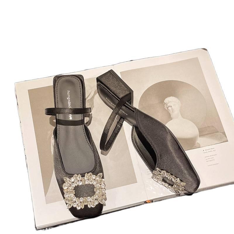 Baotou Half Slippers Women's Summer Wear Silver Rhinestone Sandals 3 Cm Small Heel Thick Heel Square Head Muller French Sandals