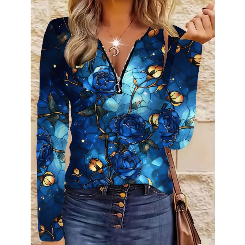 Spring and Autumn Top Women's Blue Rose Stained Glass Print Long Sleeve Half-Zip V-Neck Slim Fit Top