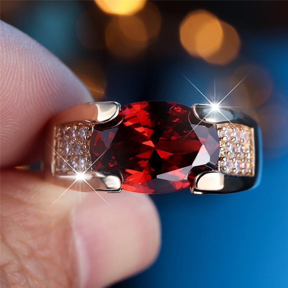 Süßer Damenring mit rotem Zirkon-Ovalstein, goldfarben, Verlobungs-Charme, Hochzeit, für Frauen