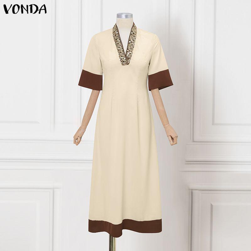 VONDA Elegant Women Half Sleeve Beading Webbing Stitching Casual Long Maxi Dress