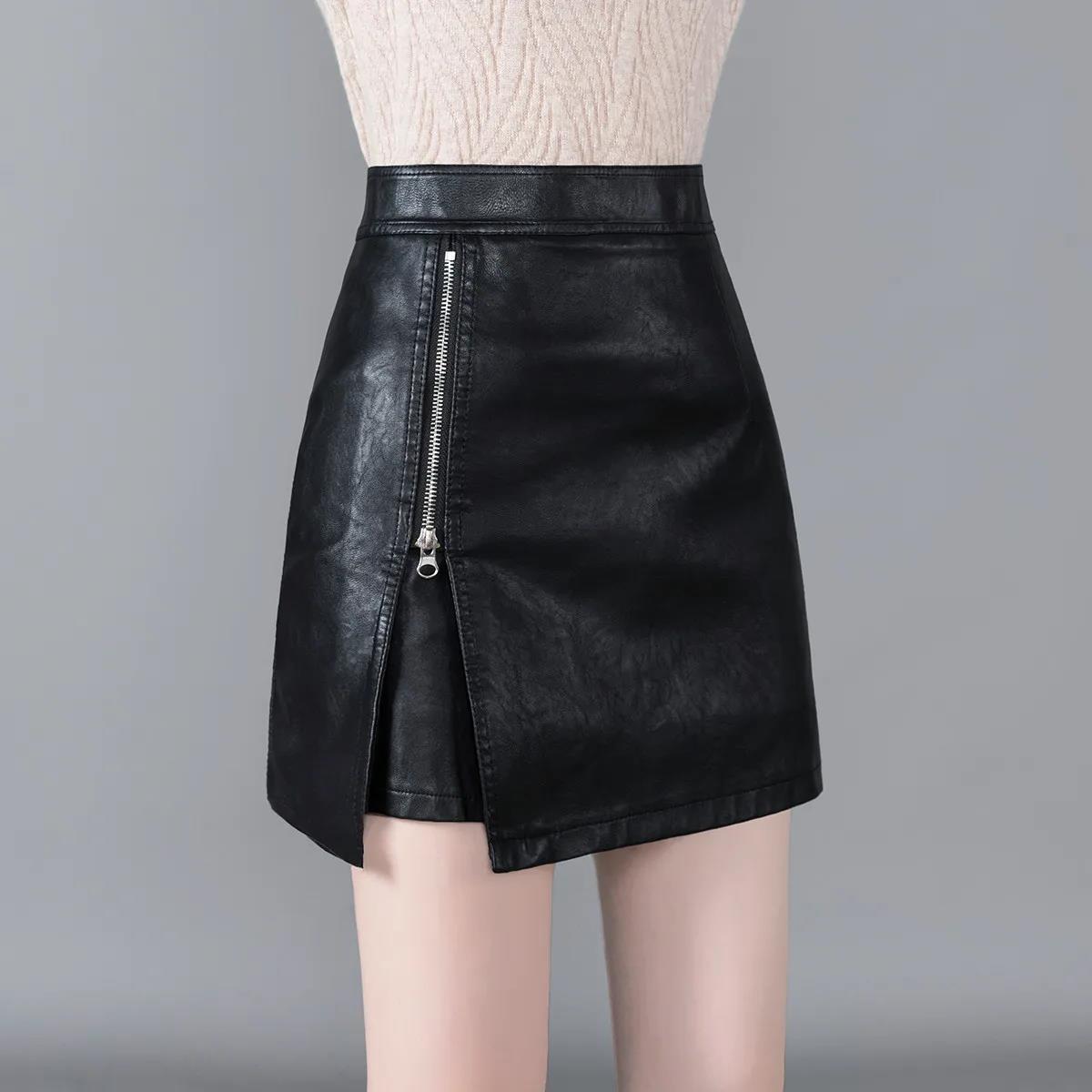 

Korean Style High Waist Black Leather A-Line Midi Skirt with Slit L бежевый