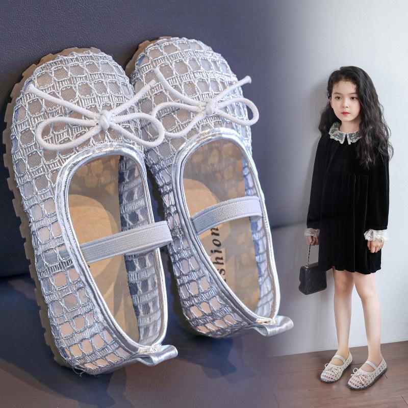Girls Mesh Shoes with Simple Bows Kids Flat Shoes Soild Color Soft Sole 2025 Summer New Children Princess Shoes Non-slip Fashion