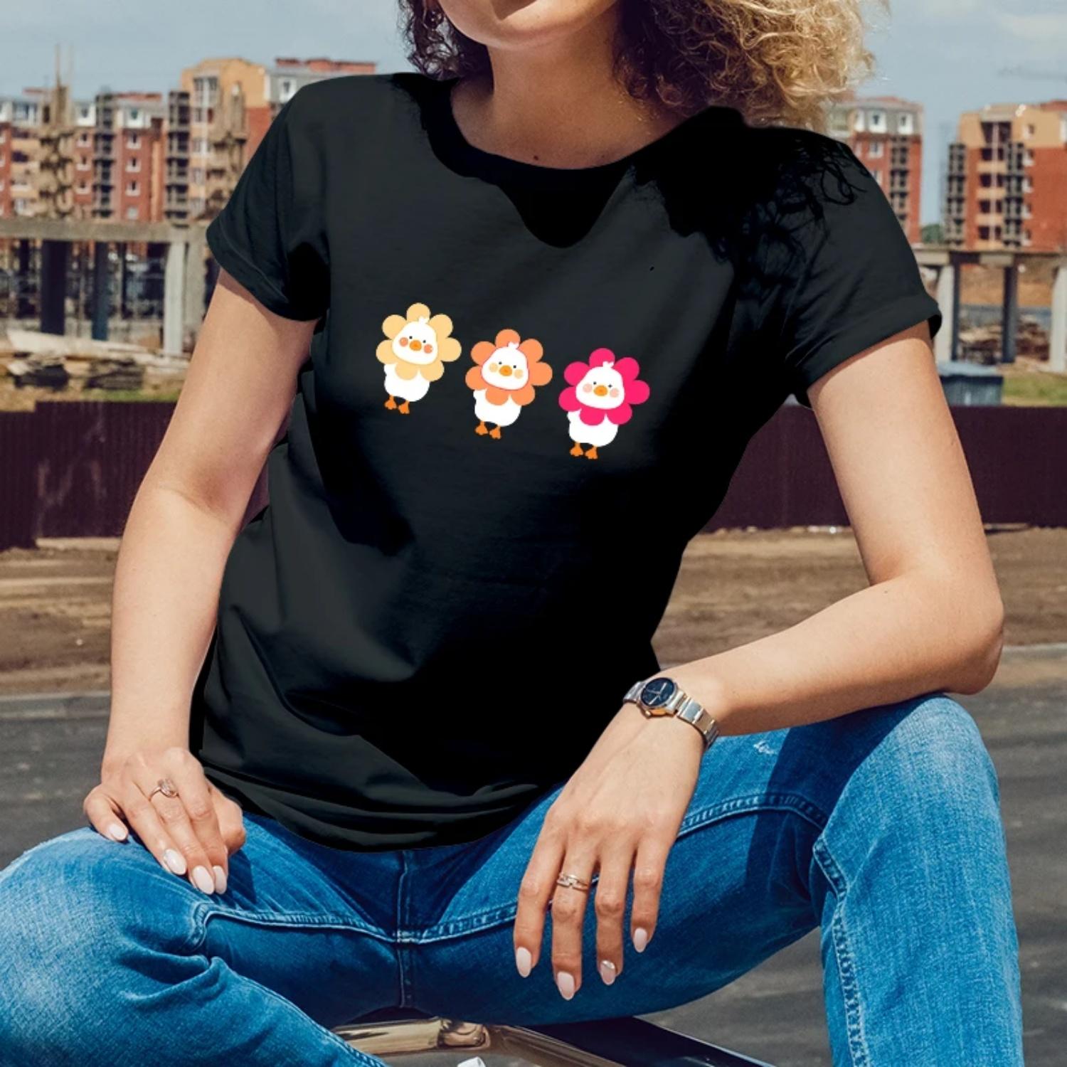 

Summer Womens Short Sleeve CottonT Shirt CuteFlowerChicken Print for Outdoor Summer Festivities Young Women with a Playful Style S чёрный