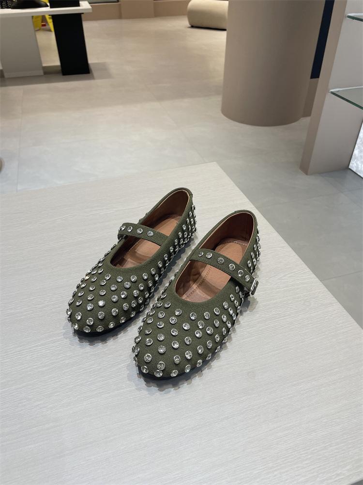 

Cowhide version~ round head one-word buckle band ballet shoes women s full diamond flats hollowed out Mary Jane single shoes fishing net shoes 40 армия зеленый
