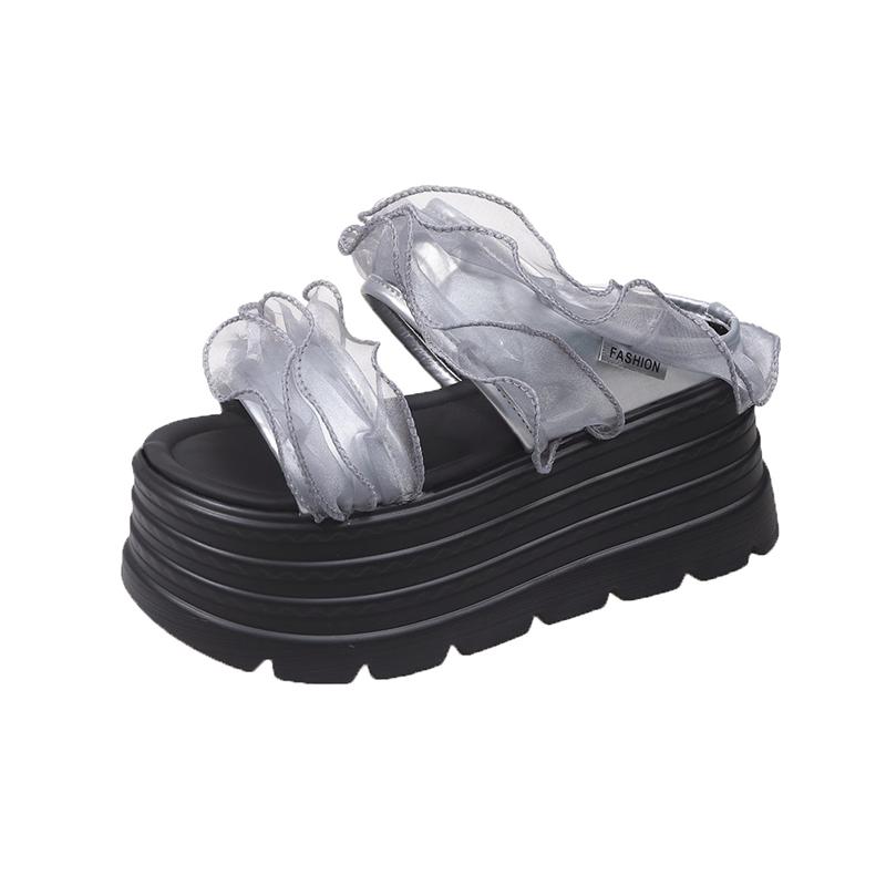 Fashion 8CM Women's High Heels Slippers New Summer Fashion Outdoor Lace Flower Sandals Comfortable Rubber Bottom Chunky Beach Flip Flops