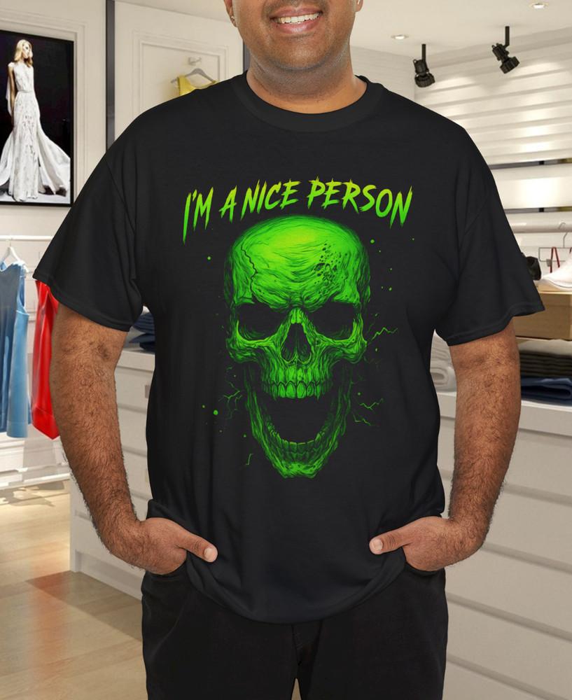 

Neon Green Skull T-Shirt – I m a Nice Person Graphic Tee for Men L