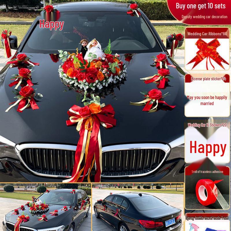 Complete Wedding Car Decoration Set: Front Flower Main Car and Lead Car Arrangement