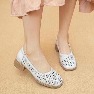 Comfort Low Heels Women's Shoes Sandals Genuine Leather Soft Soles Summer 2024 New Breathable Hollow Out Mom's Shoes