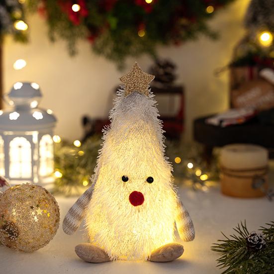 Light-up Plush Christmas Tree Doll Decoration Stuffed Fluffy Xmas Tree Shaped Gnome Elf Ornament with Glitter Star Topper for Hotel Mall Window Decor