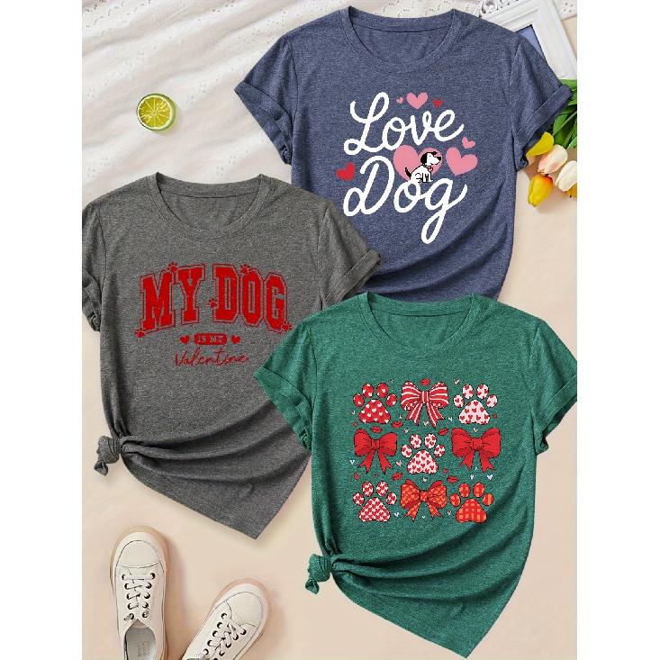 Women Floral Heart Bow Dog Paw Print Round Neck 3 Pack Short Sleeve T Shirts Fashion Photo Tops For Spring Summer Autumn S