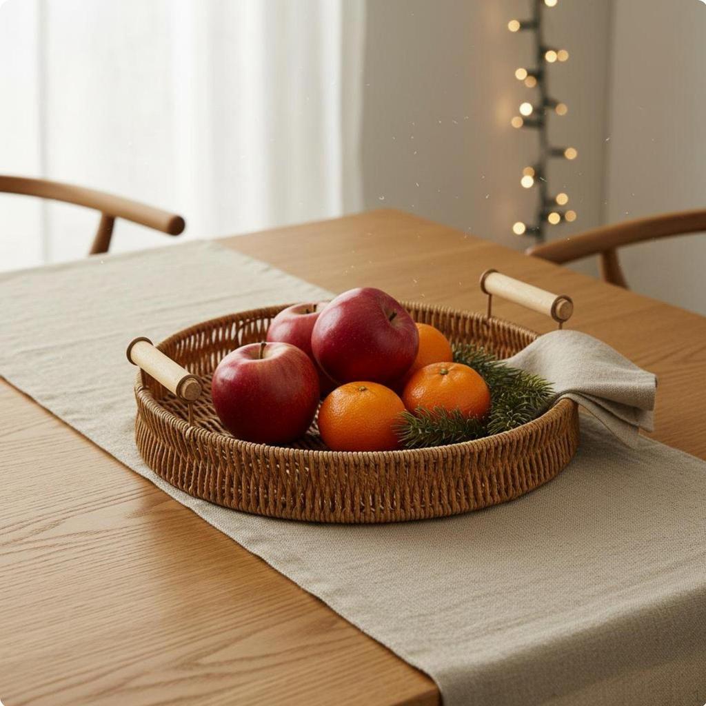 Woven Tray with Wooden Handles Versatile Faux Rattan Serving Platter Great Gift Idea Round Bread
