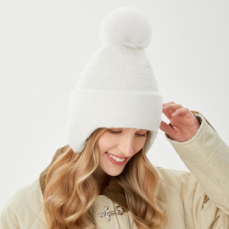 Winter Women's Warm Velvet Ear Protection Hat Solid Color Versatile Wool Ball Hoop Yarn Woolen Hat Outdoor Cold Proof Cycling Hat Trendy