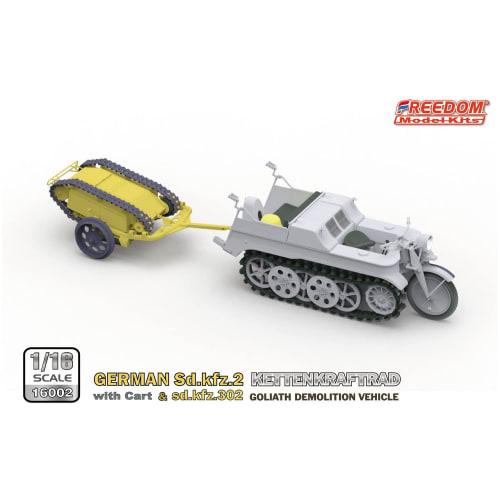 Freedom Model Kits 1/16 Scale World War II German Sd.kfz.2 Kettenkraftrad and Sd.Kfz.302 Goliath Light Explosive Transport Vehicle Cart Set, Plastic M