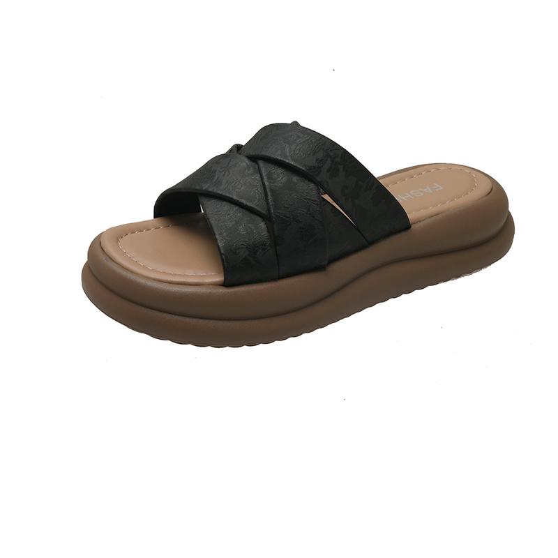 

Platform Slippers Women Summer Outside Wear New Round Toe Open Toe Cross Strap Casual Non-slip Beach Flip-flops 42 чорний