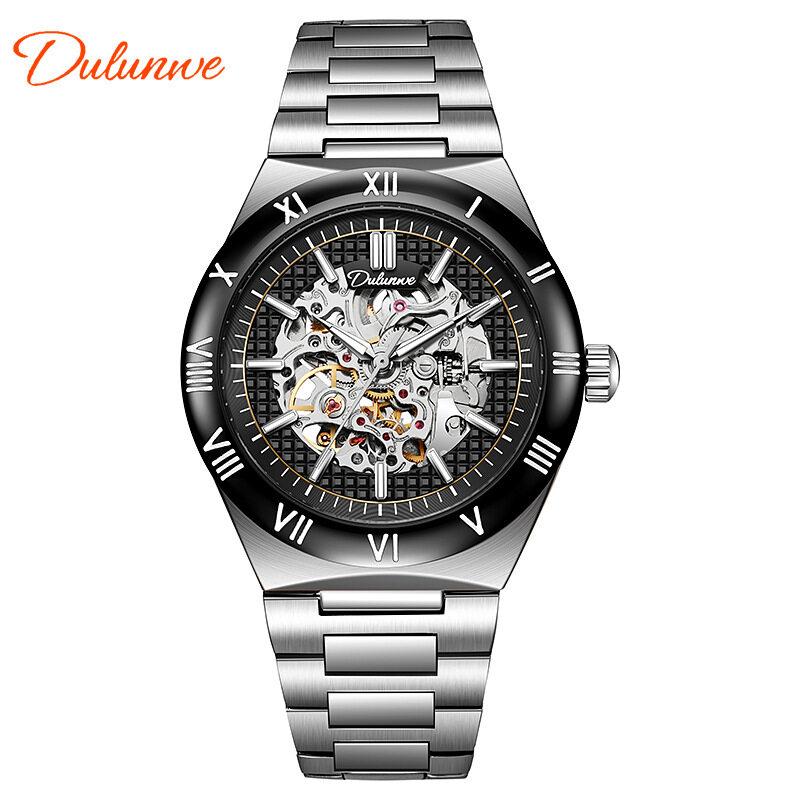 Dulunwe Skeleton Mechanical Watches Blue Roman Dial Watch for Men Automatic Watches Luxury Sports Waterproof Clock